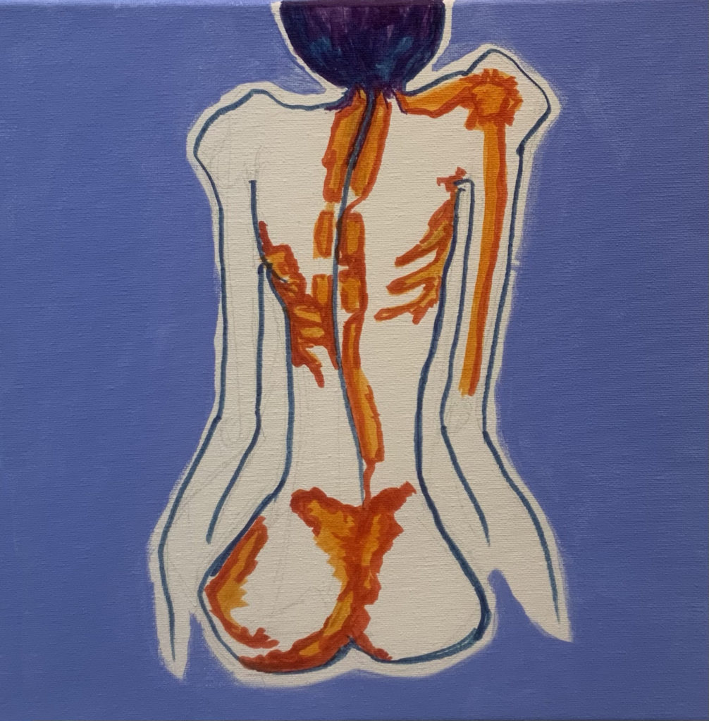 The painting is small in size and has a figure on a light blue background painted in white with a blue outline for the anatomy of the figure, and red/orange elements within. The figure is shown seated from the back, with nondescript arms at its side and with only part of the back of the head showing with what might be hair colored black.. 